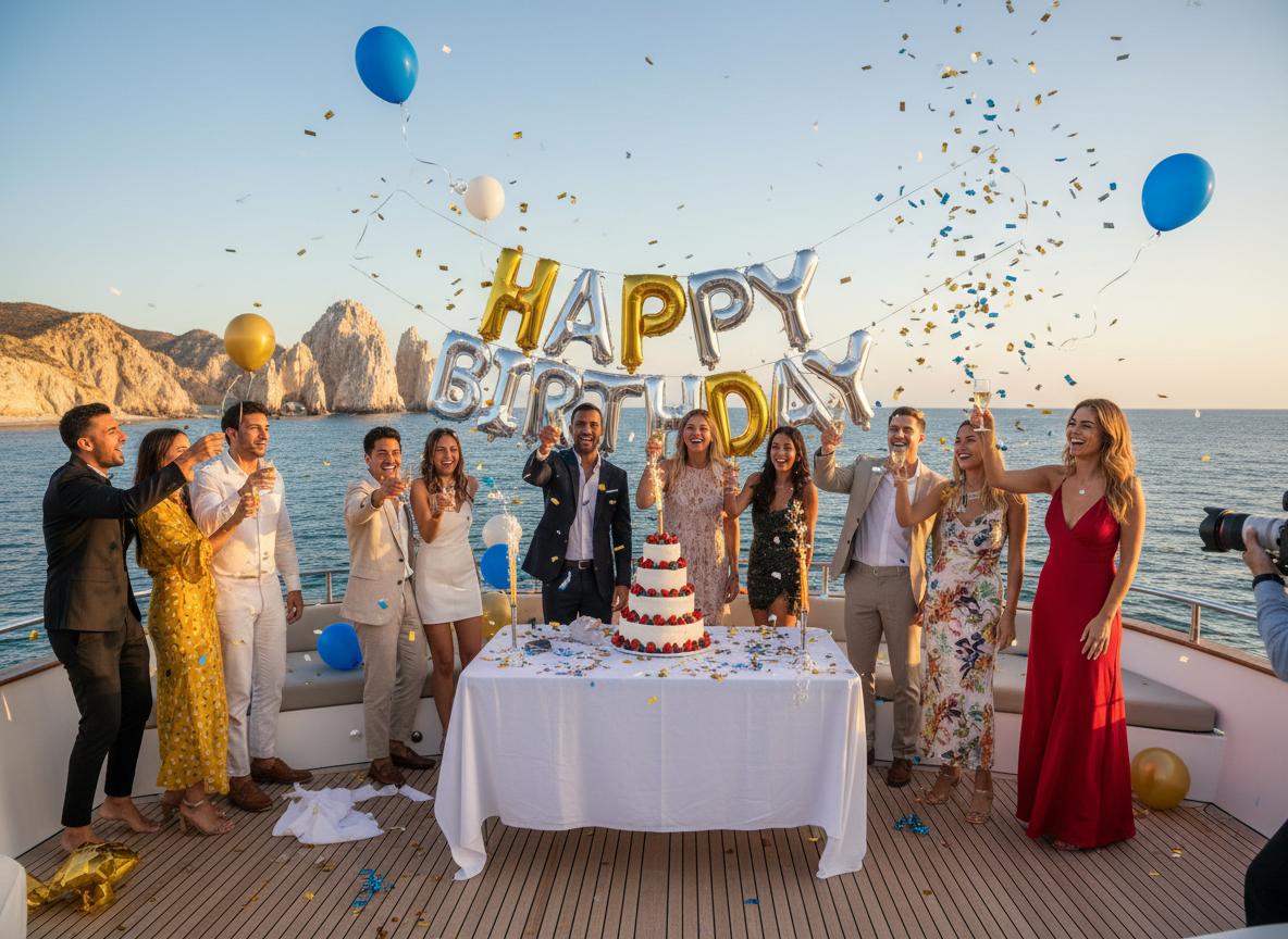 Birthday party celebration on luxury yacht in Cabo San Lucas
