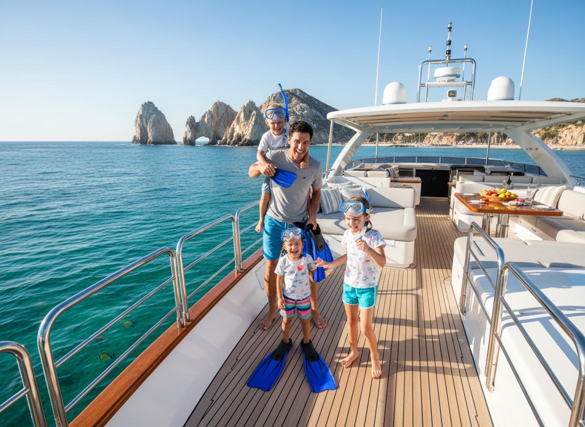 Family enjoying yacht charter in Cabo San Lucas with snorkeling activities