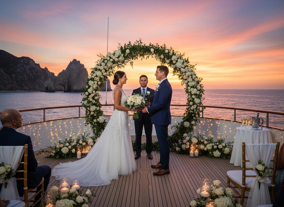 Wedding ceremony on luxury yacht in Cabo San Lucas at sunset