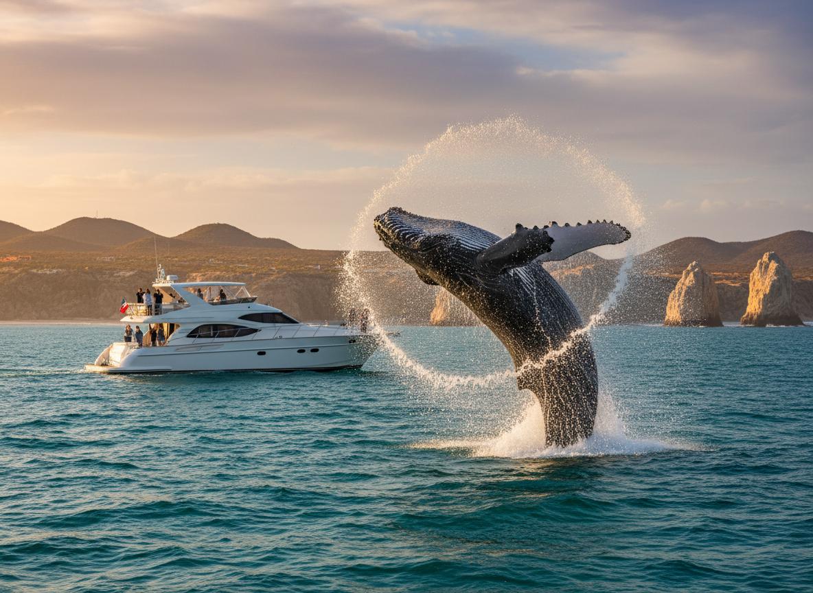 Humpback whale breaching near yacht in Cabo San Lucas